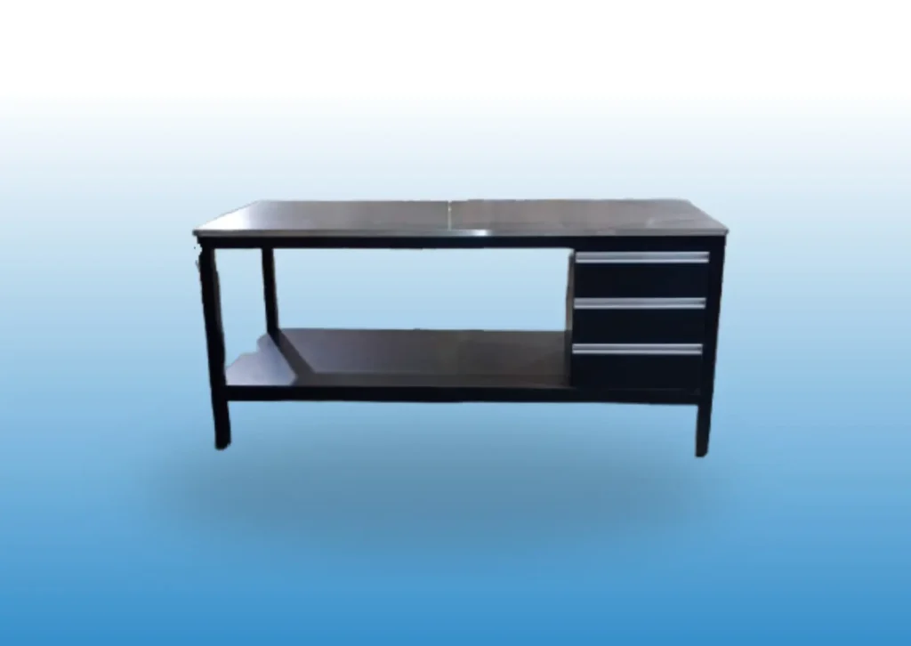 Black metal workbench with stainless steel top and three drawers. Custom-made furniture.