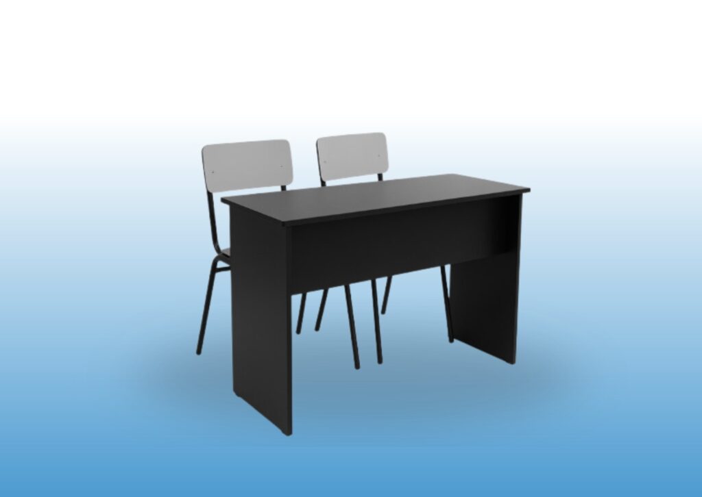 Mesa escolar negra con dos sillas grises, ideal para muebles para primaria y secundaria.