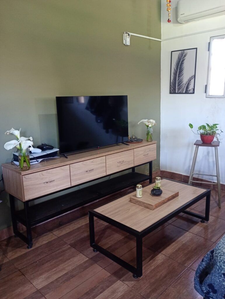 Sala de estar con mueble de TV de madera, mesa de centro y decoración minimalista.