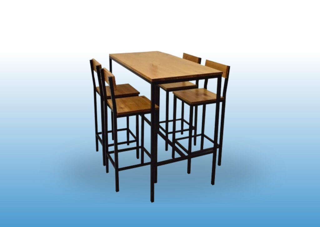Mesa alta de comedor con cuatro sillas de madera, ideal para muebles para el hogar.