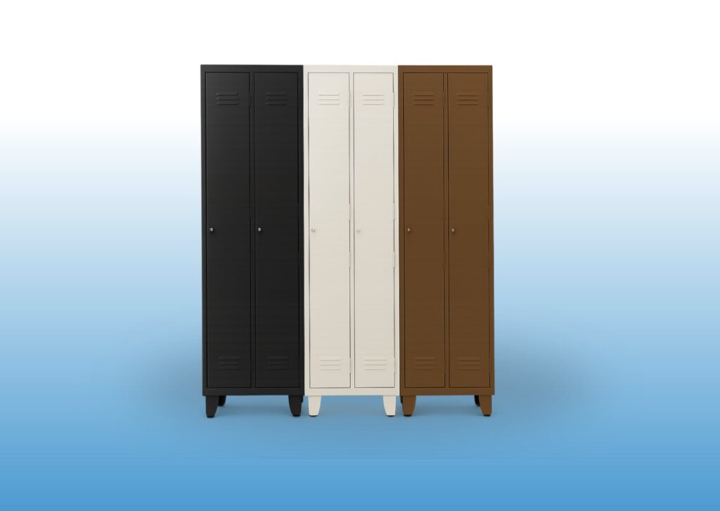 Muebles metálicos: tres armarios de metal en negro, blanco y marrón.