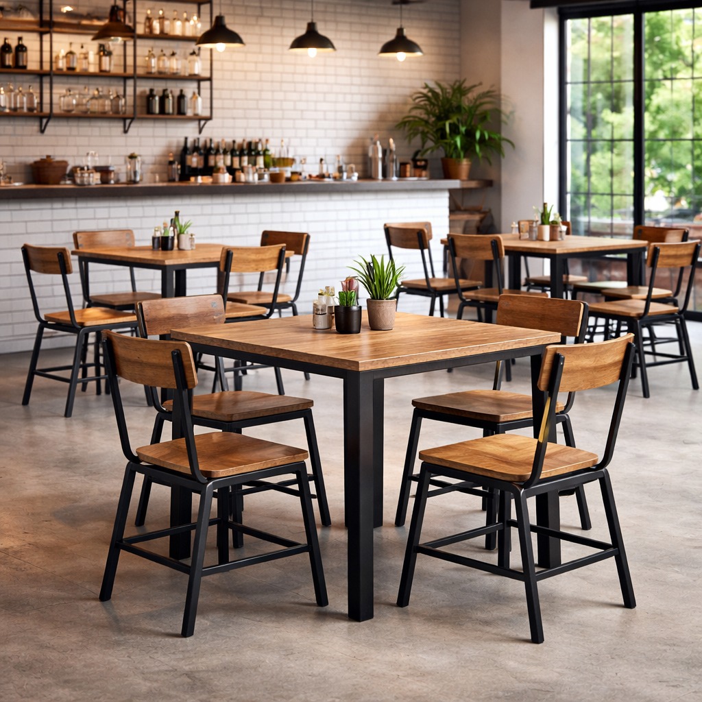 Mesas y sillas de madera y metal en un restaurante moderno con barra y estantes.