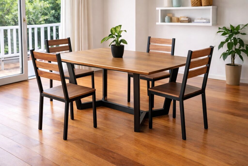 Mesa de comedor cuadrada de madera con sillas negras y planta en el centro.