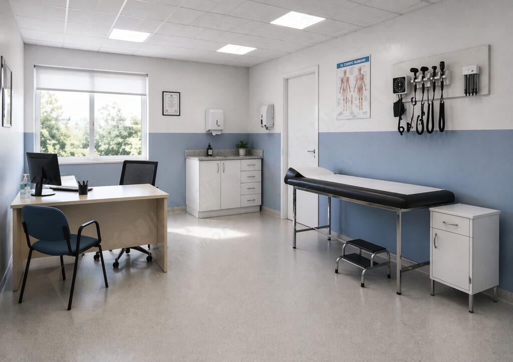 Consultorio médico moderno con camilla, escritorio y póster anatómico.