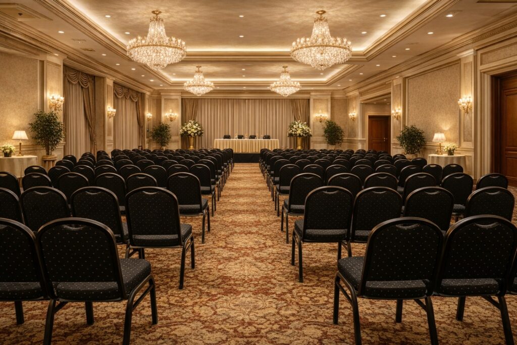 Salón de conferencias lujoso con sillas negras y candelabros.