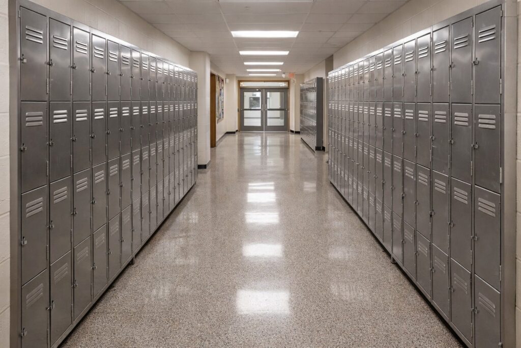 Pasillo escolar con casilleros metálicos grises y luces encendidas