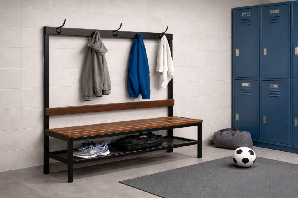 Banco con perchero y zapatillas en un vestuario deportivo