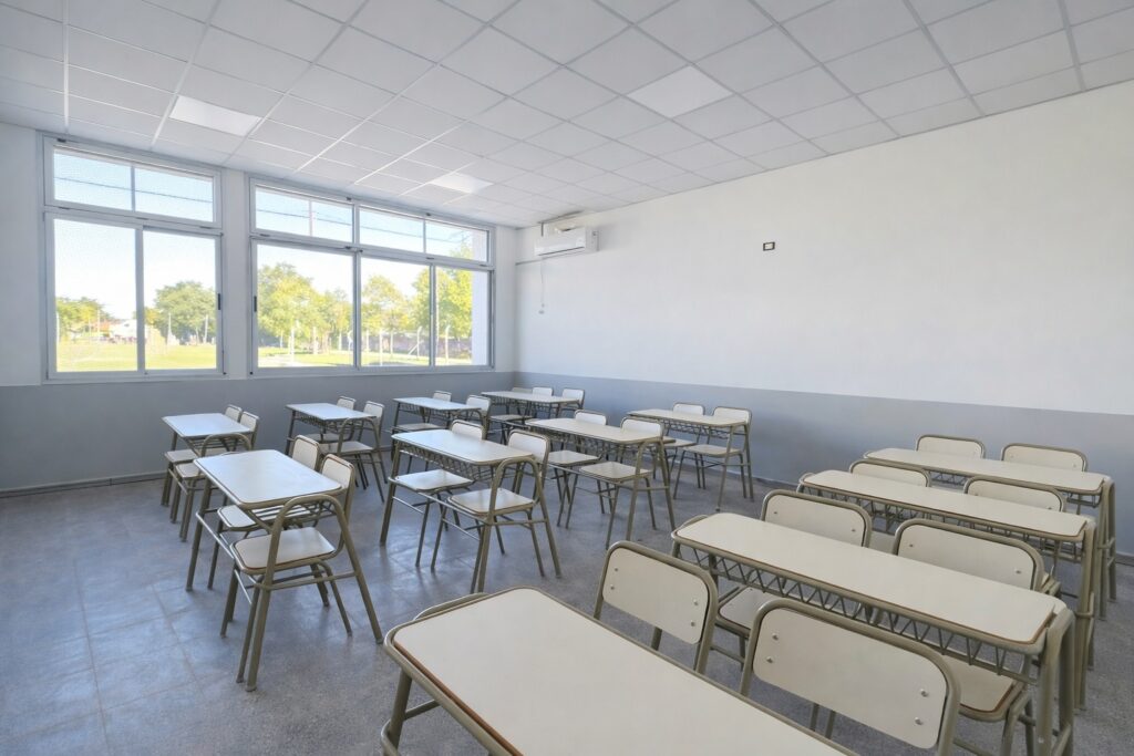 Aula escolar luminosa con pupitres ordenados y ventanas grandes.