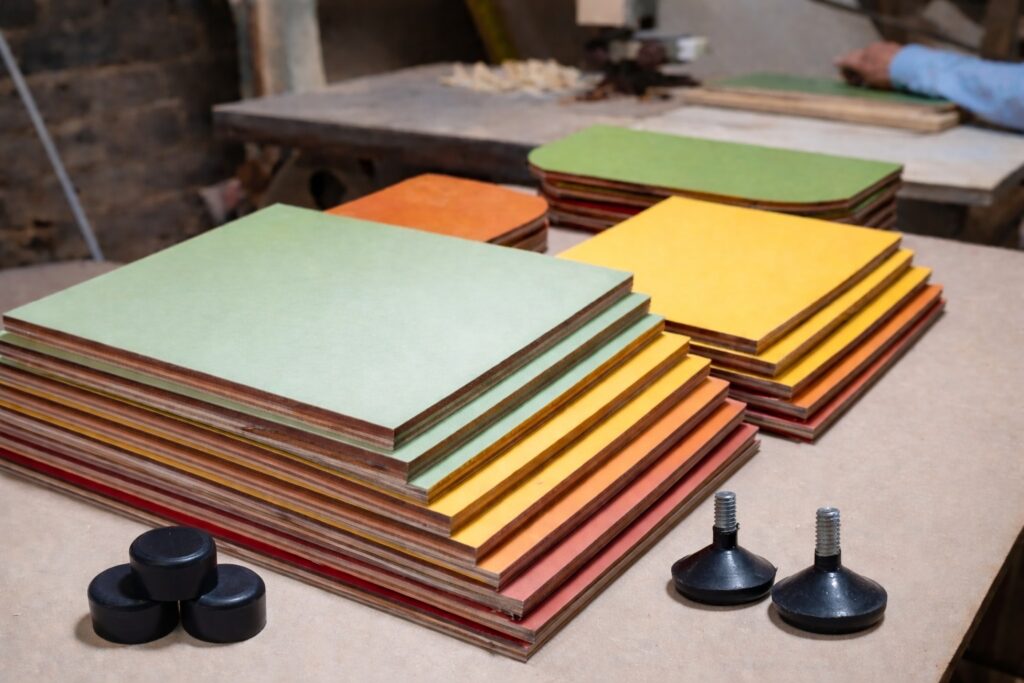 Pila de tableros de madera de colores sobre una mesa con tornillos y pesas