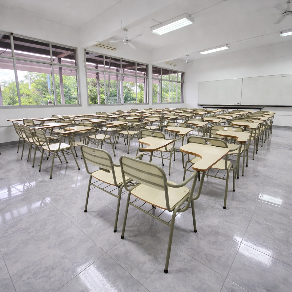 Aula vacía con pupitres y pizarra blanca, lista para la clase.