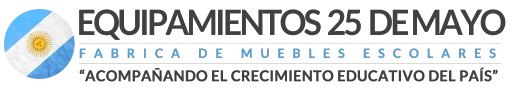 Logo de Equipamientos 25 de Mayo, fábrica de muebles escolares en Argentina. "Acompañando el crecimiento educativo del país