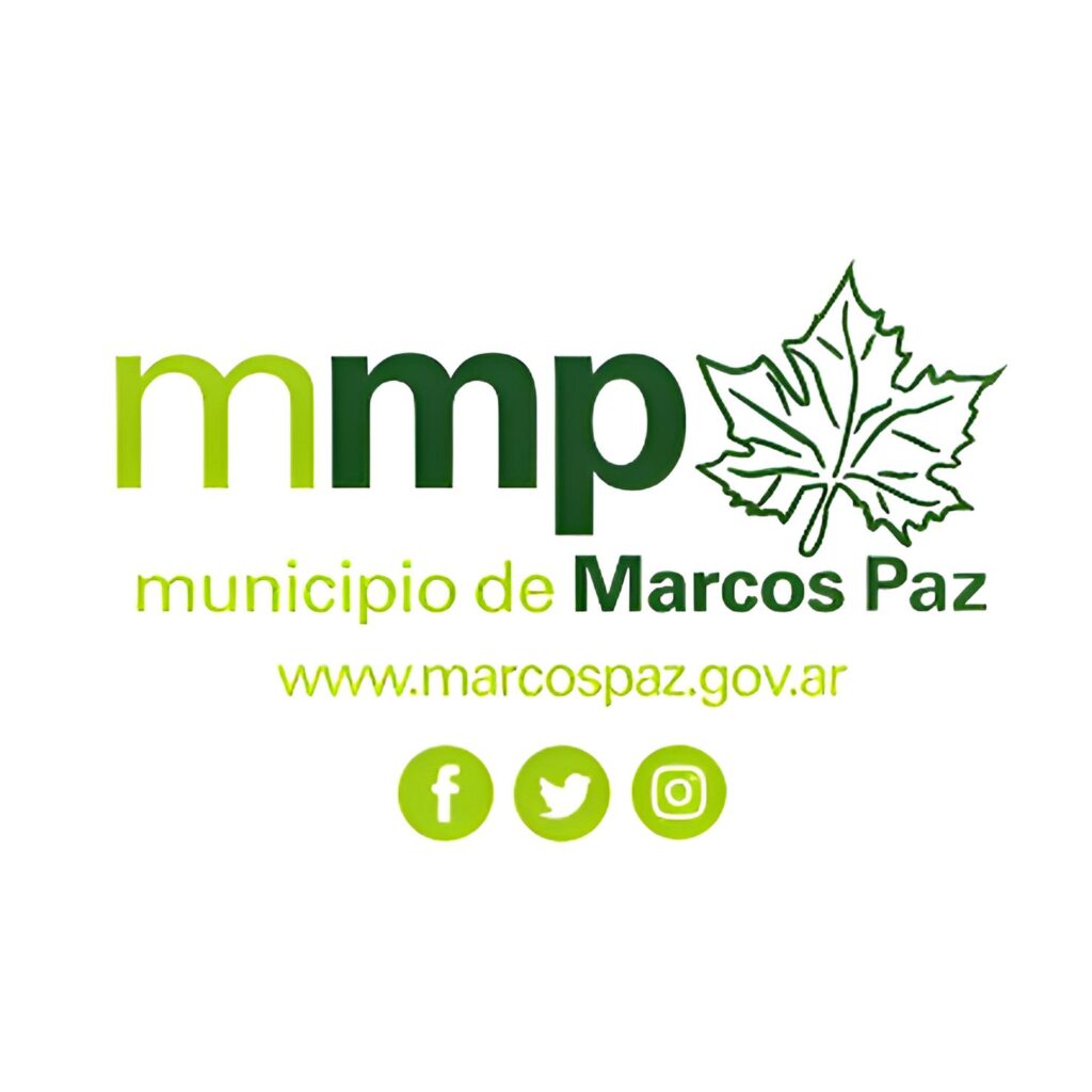 Logo del municipio de Marcos Paz con una hoja de maple y redes sociales