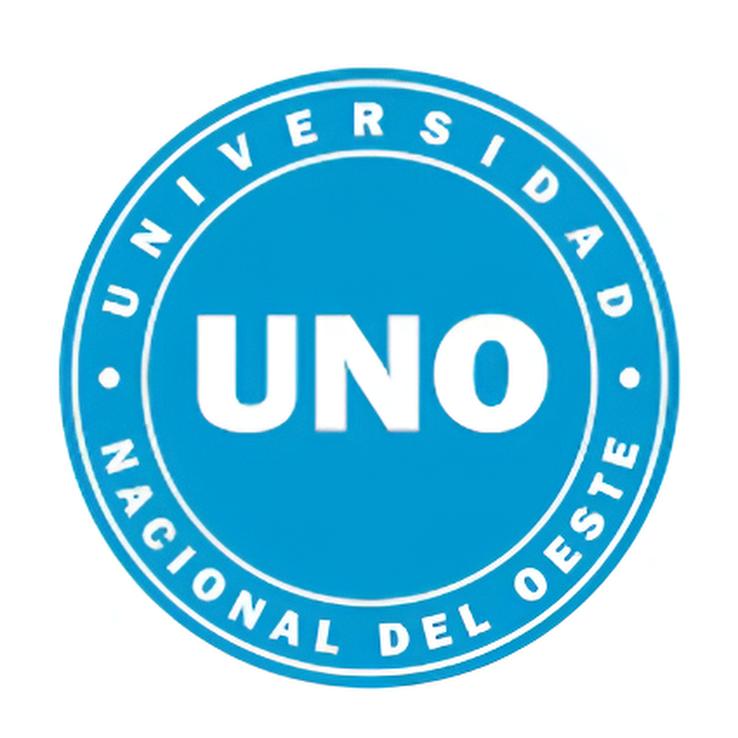 Logotipo circular azul de la Universidad Nacional del Oeste, texto UNO en blanco