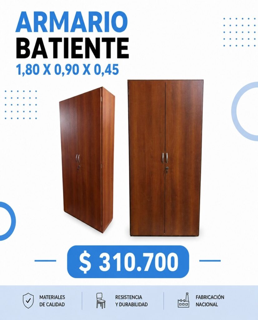 Armario batiente de madera marrón, 1,80 x 0,90 x 0,45, $310.700