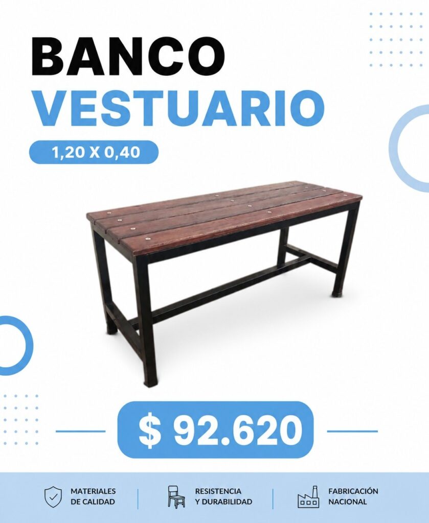 Banco vestuario de madera y metal, 1,20 x 0,40, $92.620