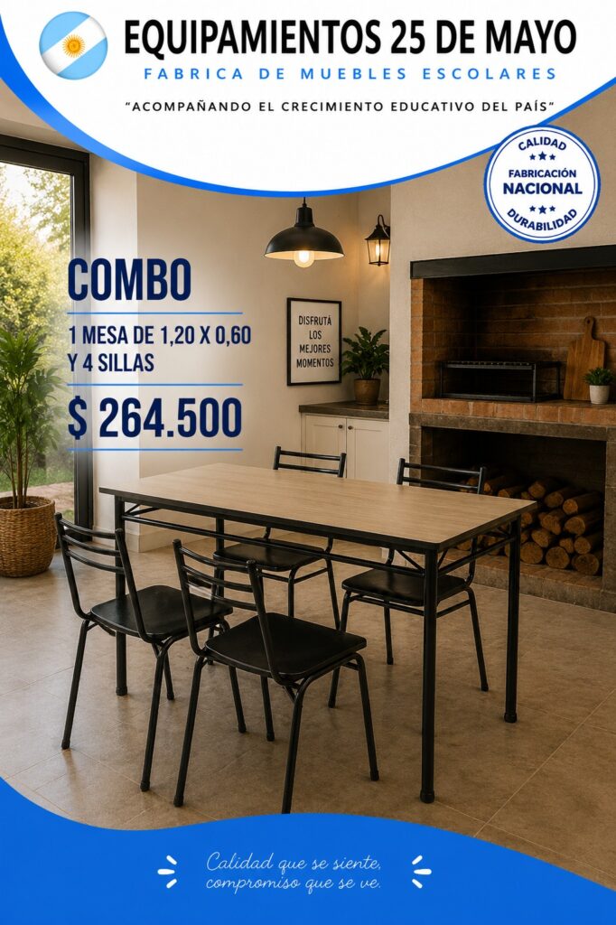 Combo de mesa y 4 sillas escolares: $264.500, Equipamientos 25 de Mayo