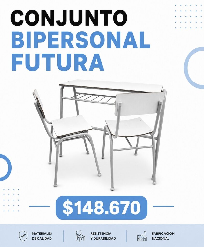 Conjunto Bipersonal Futura: escritorio y 2 sillas escolares económicas