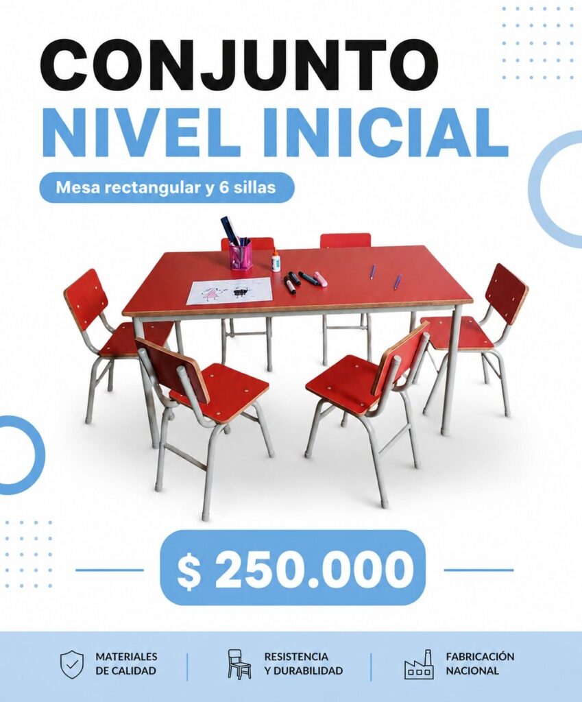 Mesa rectangular roja y 6 sillas para nivel inicial, $250.000