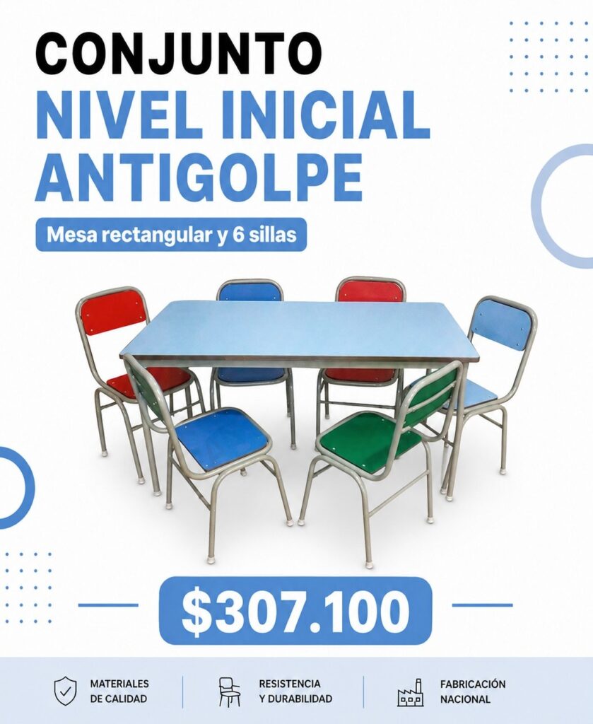 Conjunto Nivel Inicial antigolpe: mesa rectangular y 6 sillas