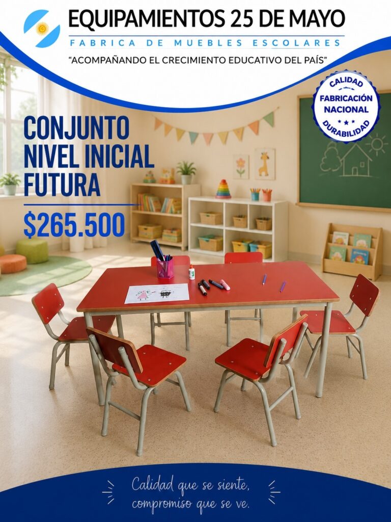 Conjunto nivel inicial Futura para aulas: mesa y sillas rojas.