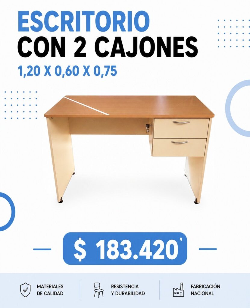 Escritorio color madera con 2 cajones, medidas 1.20 x 0.60 x 0.75, $183.420