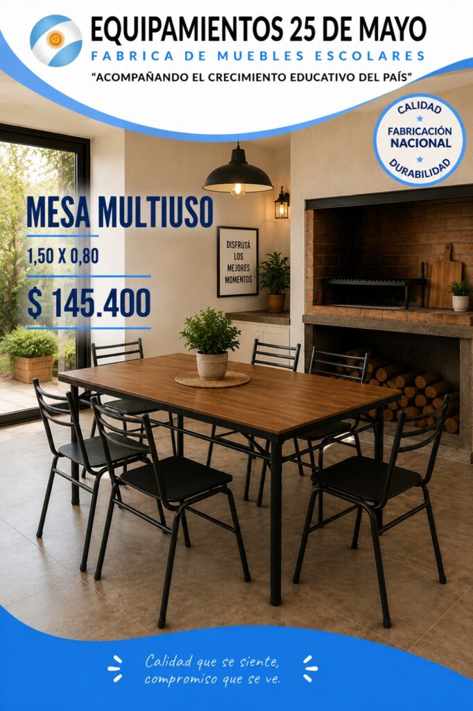 Mesa multiuso escolar 1,50 x 0,80, $145.400, equipamientos 25 de Mayo