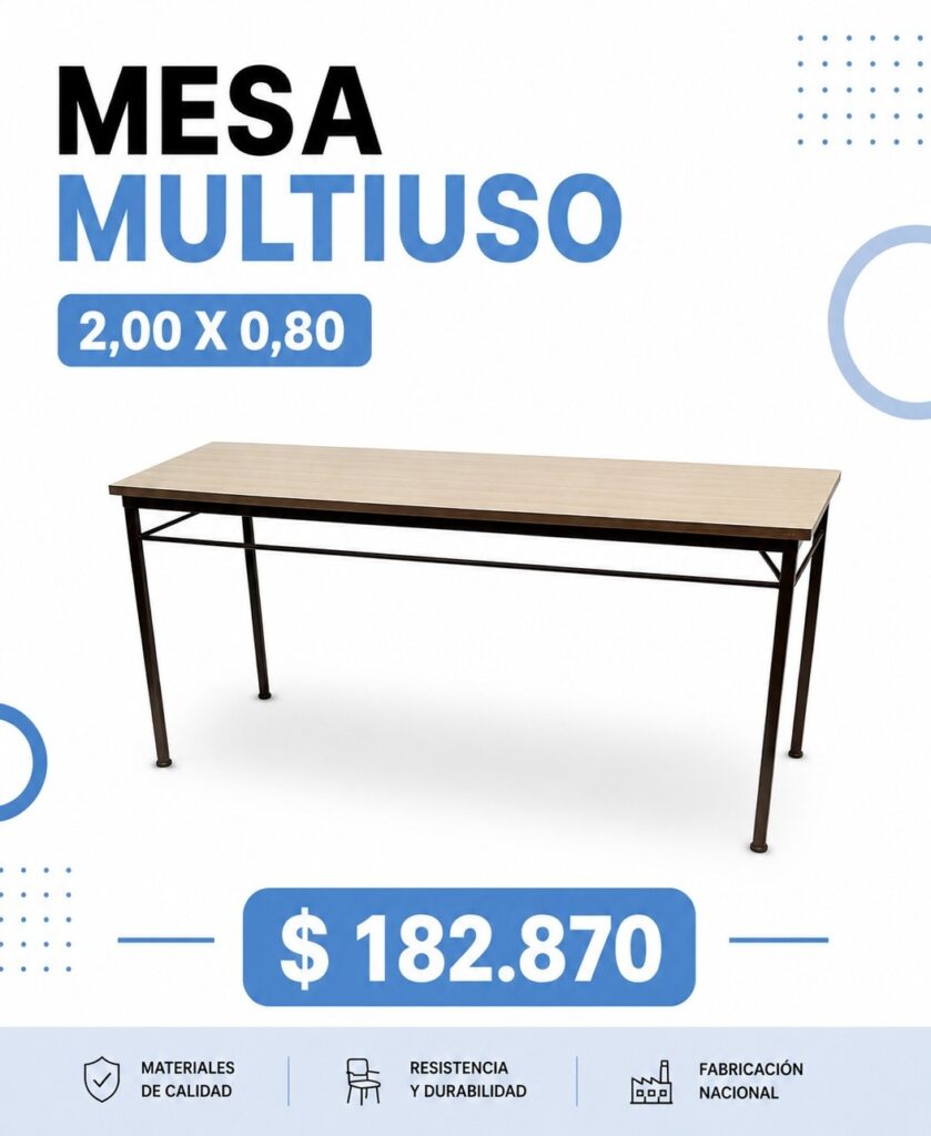 Mesa multiuso de 2,00 x 0,80 metros con estructura metálica y tapa de madera. Precio: $182.870.