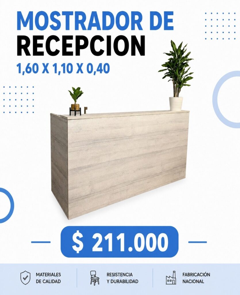 Mostrador de recepción de 1,60 x 1,10 x 0,40 en color madera claro, con plantas.