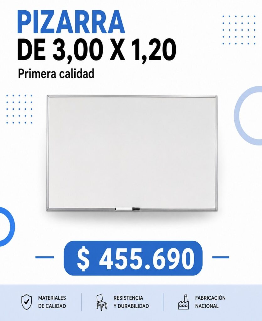 Pizarra blanca de 3,00 x 1,20 m, primera calidad, $455.690