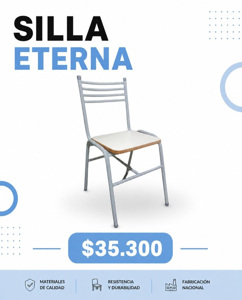 Silla Eterna gris y blanca, precio $35.300, fabricación nacional