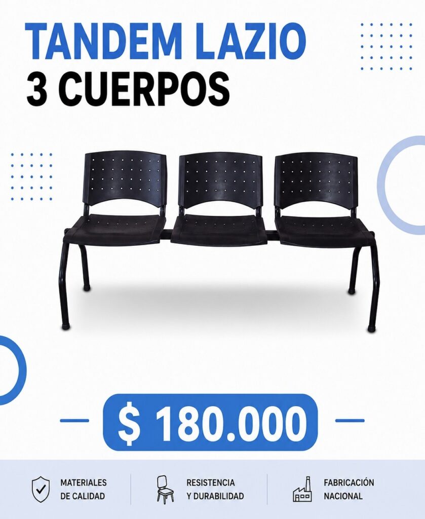 Sillón tandem Lazio de 3 cuerpos en negro, resistente y duradero